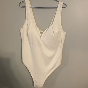 White Ribbed V-Neck One Piece Swimsuit